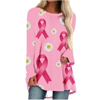 Разчистване на осведомеността за рак на гърдата жени небрежно пълен ръкав кръг на върховете на шията разхлабена блуза печат графична риза
