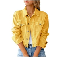 Жилетки за жени, солиден дънково яке с дълъг ръкав от отслабване костюм джоб графичен жилет за жени жълт размер 2xl