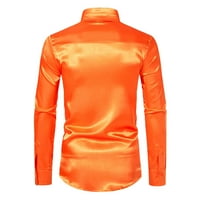 Мъжки тънки ризи Кардиган Топс с дълъг ръкав Удобен копче за завъртане на тениски тениски ежедневни отпуснати празници солидна лъскава мода оранжев XXL