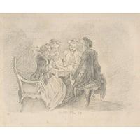 Даниел Николаус Чодовцки Черно модерно рамкиране на музея Арт печат, озаглавен - Четири дами, седнали около маса, заета с ръкоделие, четене и писане