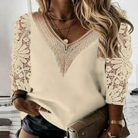 Женски блуза есен Елегантна дантела зашиване v-образно деколте с дълъг ръкав Топ пролетна куха от винтидж бяла риза Небрежна рохкава риза жени