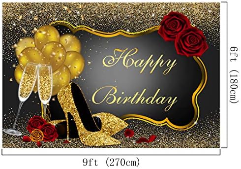 Блестящ Златен и Черен Фон за Рожден Ден, Червена Роза, Шампанско, Стъклени Топки, на Фона на Партита за Възрастни Жени, Стоки за Парти честит Рожден Ден, Банер 9x6ft