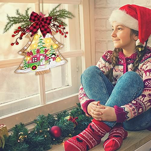 FOIMAS Коледна Подвесная Вратата Табела, Предварително Осветени Коледно Дърво, Дървена Входна Врата Табела с Осветление за
