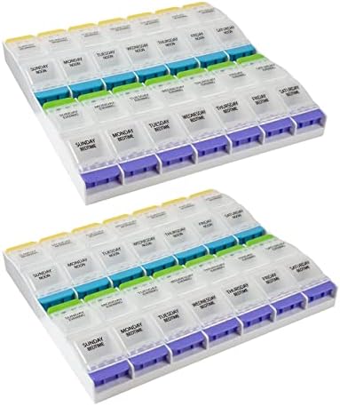 Ezy Dose 7-Дневни таблетки, Микстура, Витаминен органайзер, 2 опаковки | Седмично, по 4 пъти на ден | Удобен бутон За отваряне