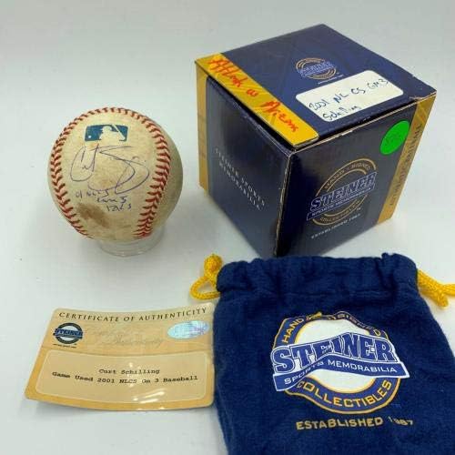 Кърт Шилинг, С Подпис и Надпис 2001 NLCS Game 3 Използвана Бейзбол Steiner COA - MLB Използвани бейзболни топки с автограф