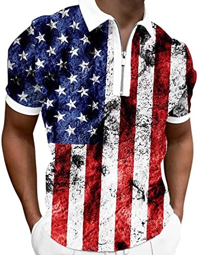 Мъжки летни Блузи Поло 2023, 4 юли, всеки ден Риза с къси ръкави с цип за Свободно Намаляване с Къс ръкав, Ризи с Флага на