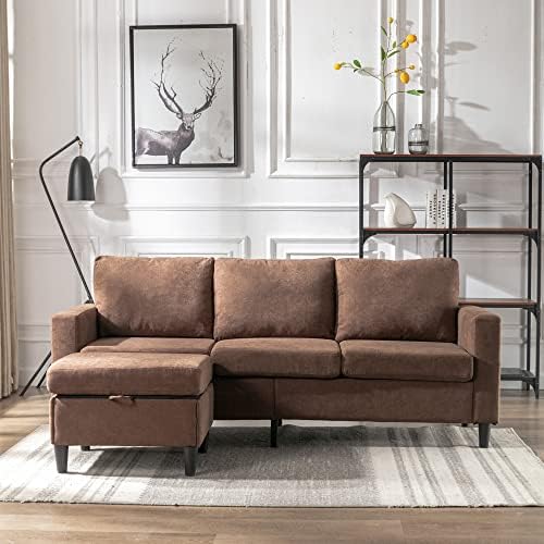 Модерен Бельо Разтегателен Секционни диван Merax с Пуфиком за съхранение на Неща, Обръщане на L-образен диван за Хол, Кафяви