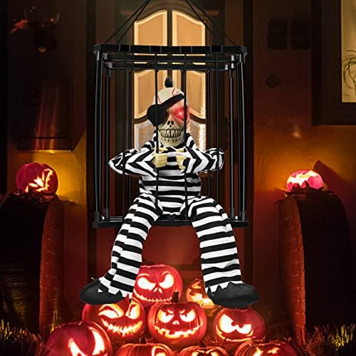 Затворник в Клетка с виртуален скелет на Хелоуин, Наперен Нажежен Затворник В Окачен Клетка, обитаван от Духове Къща с Датчик