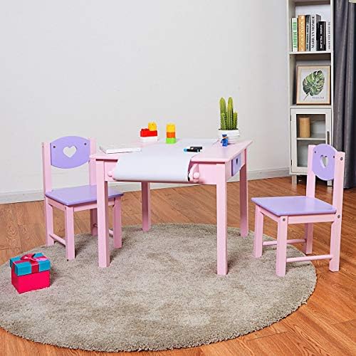 Детска маса за рисуване YASEZ и 2 стола, комплект със Стойка за ролки хартия и 2 чекмеджета за рисуване