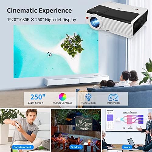 Домашен проектор 9000L с резолюция 1080P, видео проектор с голям екран 200 с Висока яркост за гледане на филми на открито,