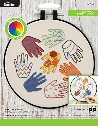 Bucilla, Комплект за бродиране Творчески ръце с пълна гама от щамповани игли за декоративно и приложно изкуство Направи си сам включва 4-цветен плат с принтом, 6-инчов о?