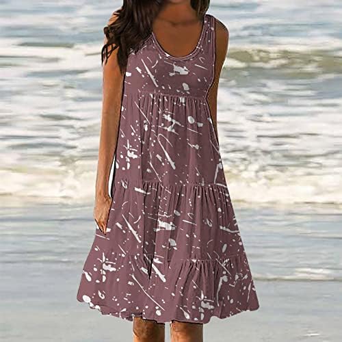 AIZONGK Женствена рокля Макси с кръгло деколте, лятно свободна плажна рокля без ръкави с плиссированным принтом, однотонное