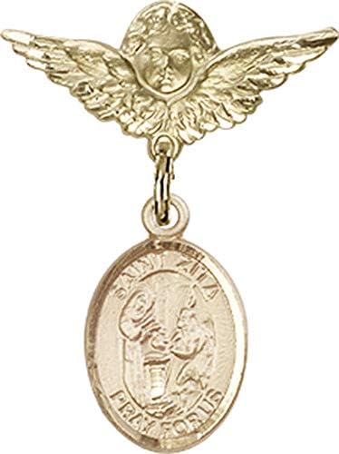 Детски икона Jewels Мания за талисман на Свети Зиты и икона на Ангел с крила на Булавке | Детски икона от 14-каратово злато