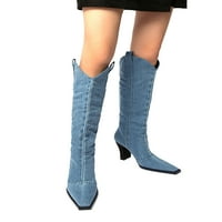 Gomelly жени коляно високи ботуши бадемов пръст на западния ботуш зимни обувки комфорт рокля ходене синьо 7